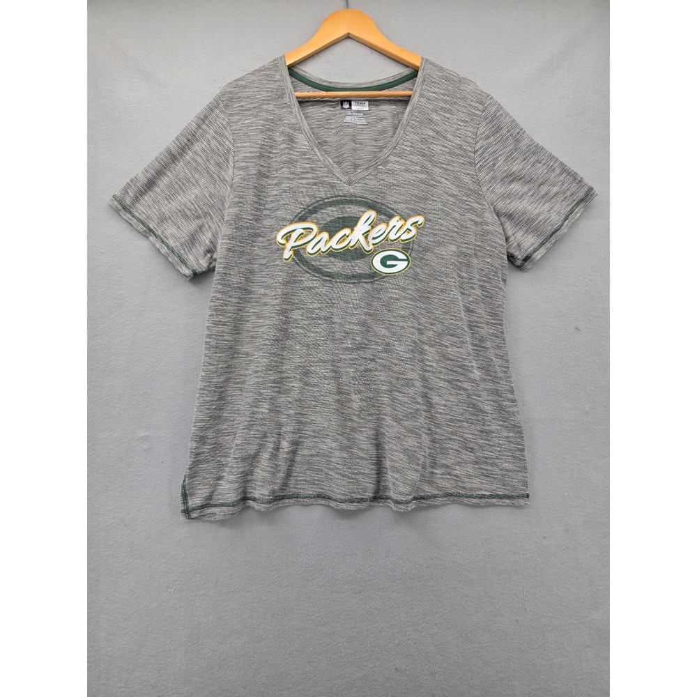 NFL Green Bay Packers V-Neck T-Shirt Womens 3XL Grey Space Dye Stripe Tee Shirt